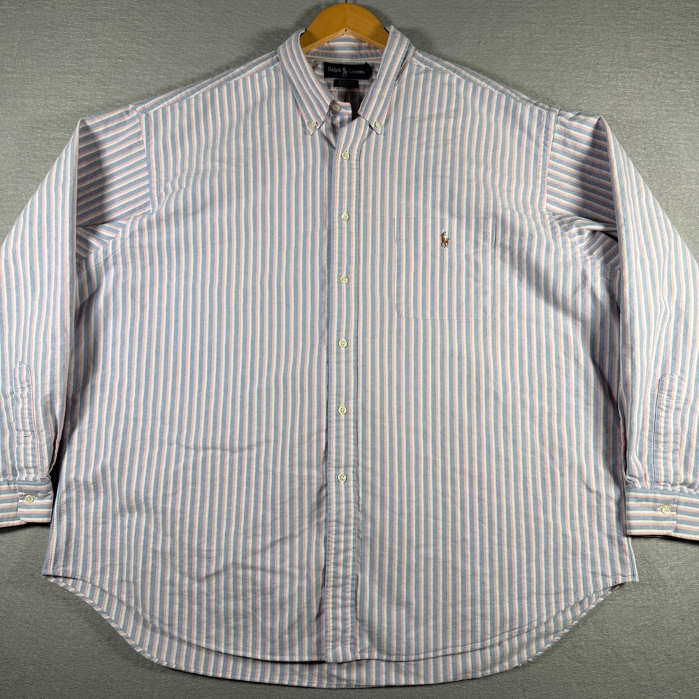 Ralph Lauren Big Shirt XXL Mens Blue Pink Striped Cotton Button Down Oxford Logo